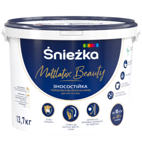 Латексная интерьерная краска глубокоматовая Sniezka Mattlatex Beauty белая, 10 л (13,7 кг)